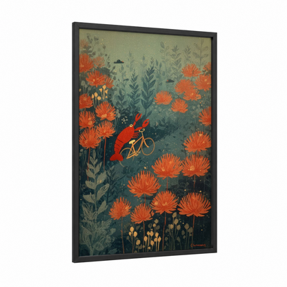 Cycling Lobster framed art print — black wood frame — orange and sage green palette