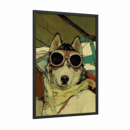 Aviator Husky framed art print — black wood frame — olive and cream palette