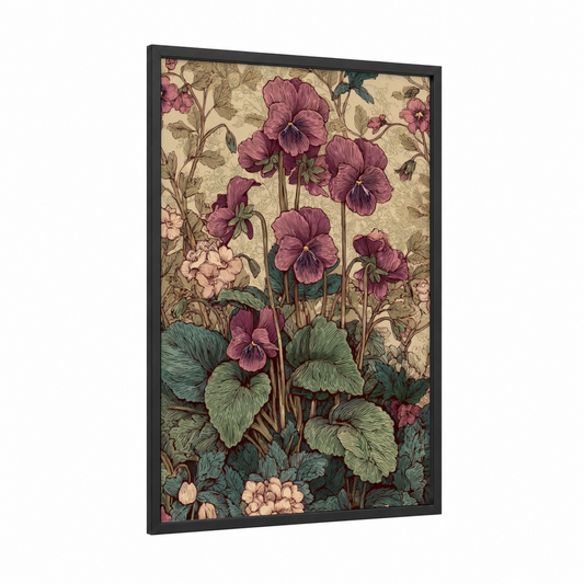 Mauve Garden Violets framed art print — black wood frame — magenta and cream palette