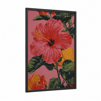 Crimson Hibiscus Bloom framed art print — black wood frame — red and green palette
