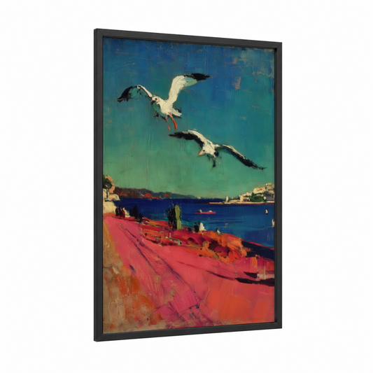 Coastal Seagulls framed art print — black wood frame — teal and gold palette