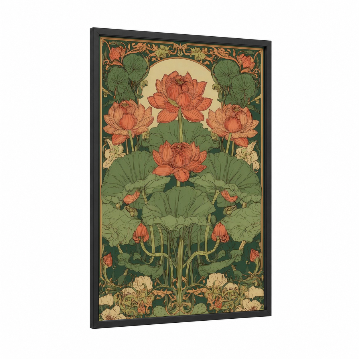 Coral Lotus Garden framed art print — black wood frame — gold and dark green palette