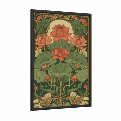 Coral Lotus Garden framed art print — black wood frame — gold and dark green palette
