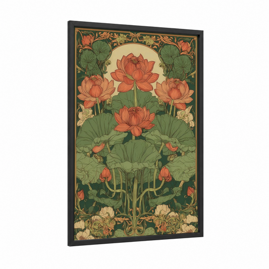 Coral Lotus Garden framed art print — black wood frame — gold and dark green palette