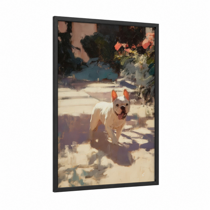 Sunny Bulldog Portrait framed art print — black wood frame — cream and gold palette
