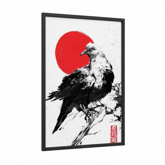 Red Sun Pigeon framed art print — black wood frame — red and black and white palette