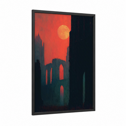 Crimson Moon Rising framed art print — black wood frame — red and black palette