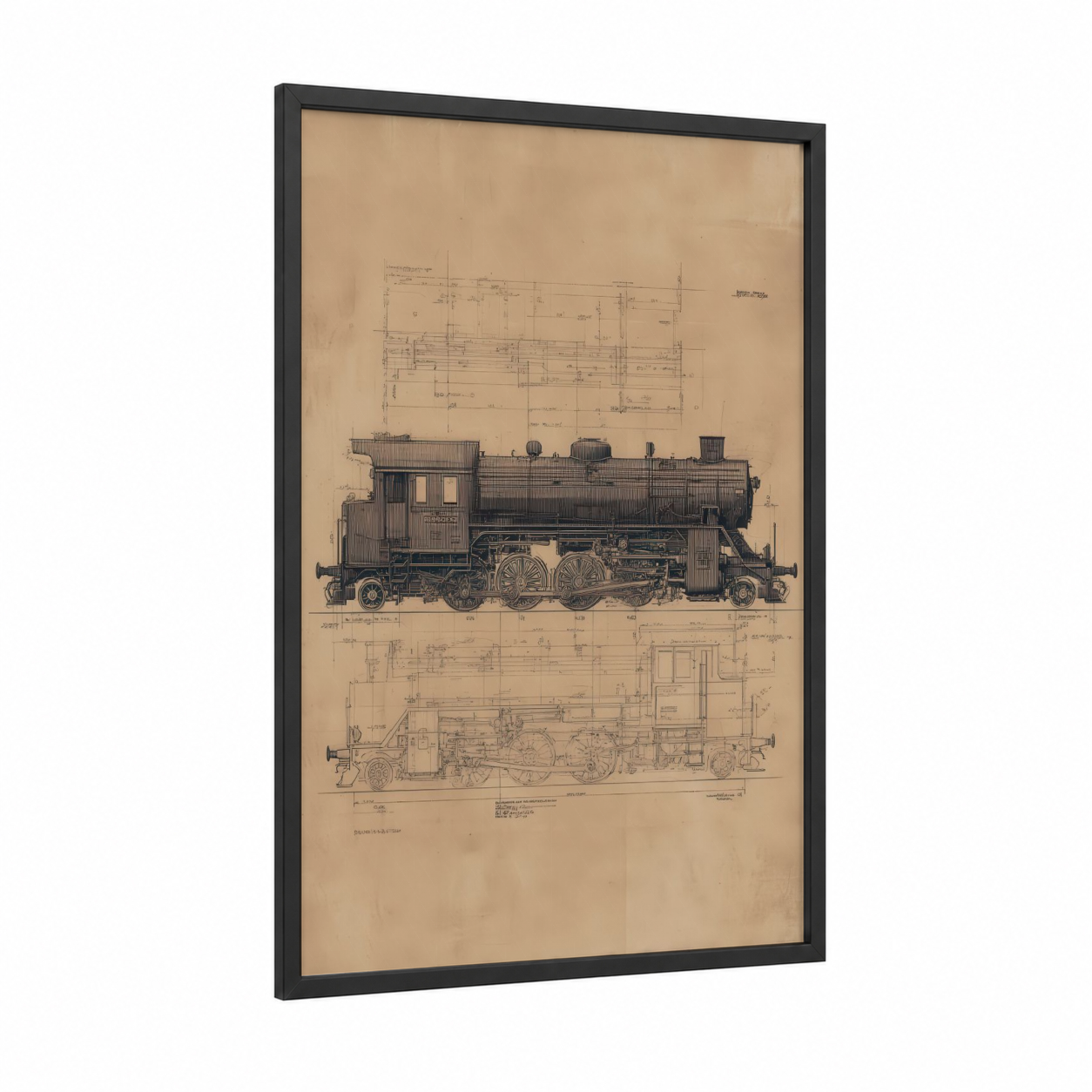 Vintage Steam Locomotive framed train print — black wood frame — beige and brown palette
