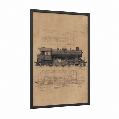 Vintage Steam Locomotive framed train print — black wood frame — beige and brown palette