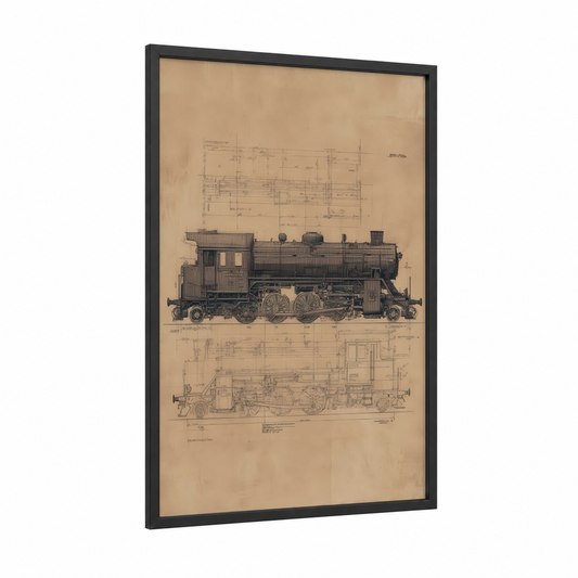 Vintage Steam Locomotive framed train print — black wood frame — beige and brown palette