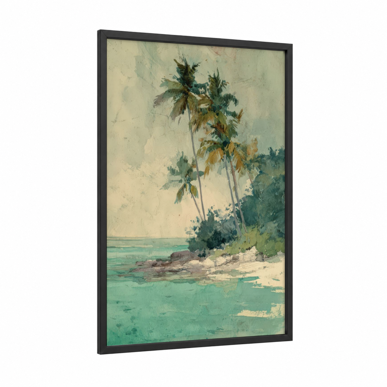 Tropical Shoreline framed tropical trees print — black wood frame — turquoise and cream palette