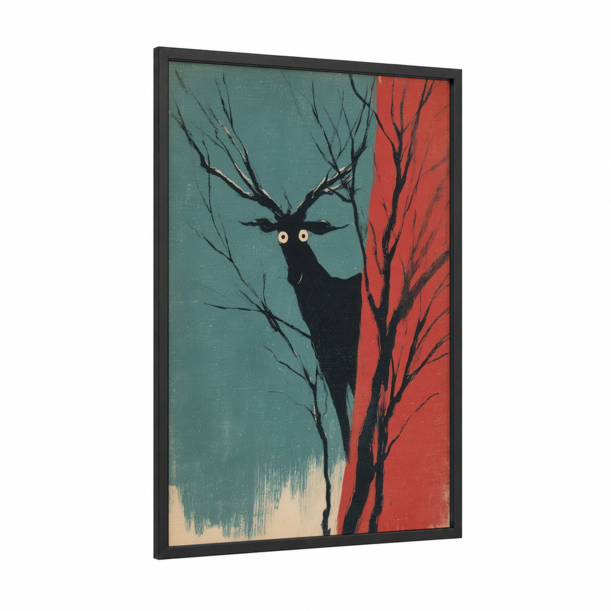 Mystical Reindeer framed art print — black wood frame — teal and red palette