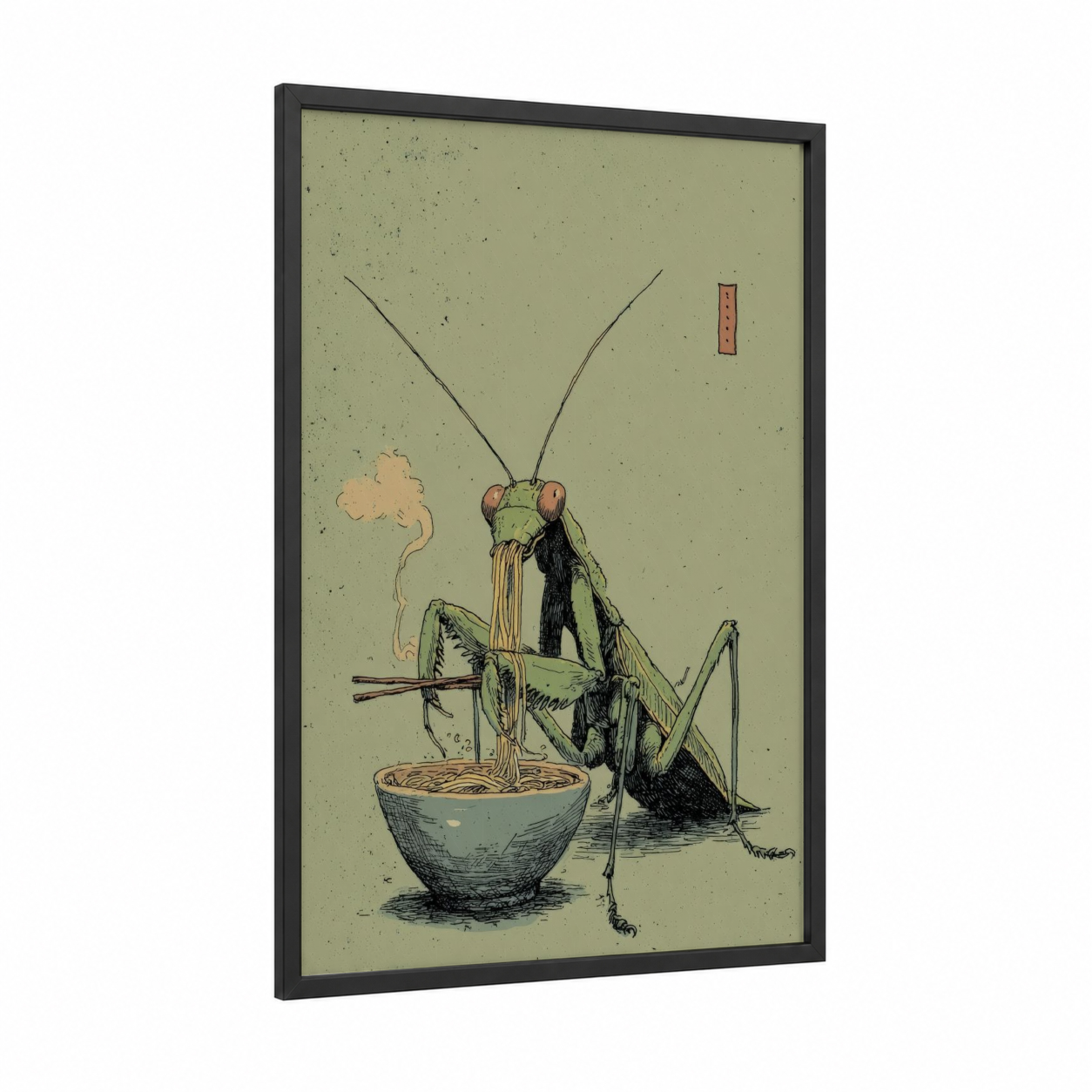 Noodle Mantis framed prayin mantis print — black wood frame — sage green and black and white palette