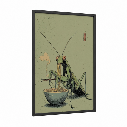 Noodle Mantis framed prayin mantis print — black wood frame — sage green and black and white palette