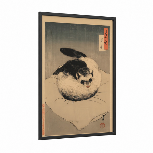 Resting Ferret framed art print — black wood frame — black and white and cream palette