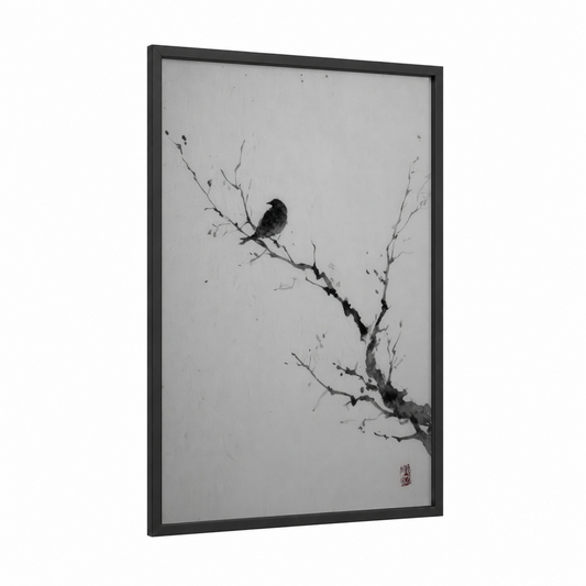 Solitary Birch framed birch tree print — black wood frame — black and white and gray palette