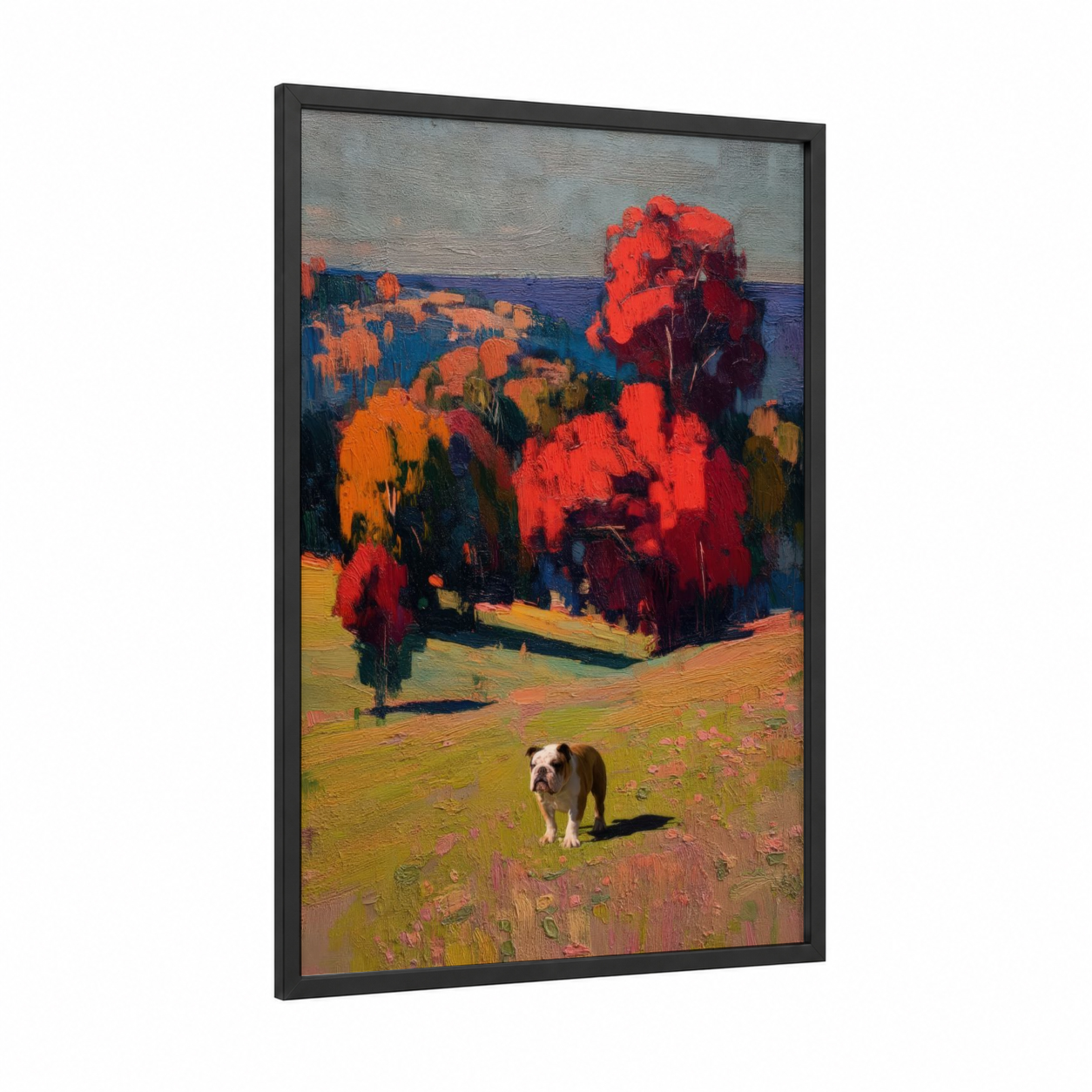 Autumn Bulldog framed art print — black wood frame — orange and blue palette