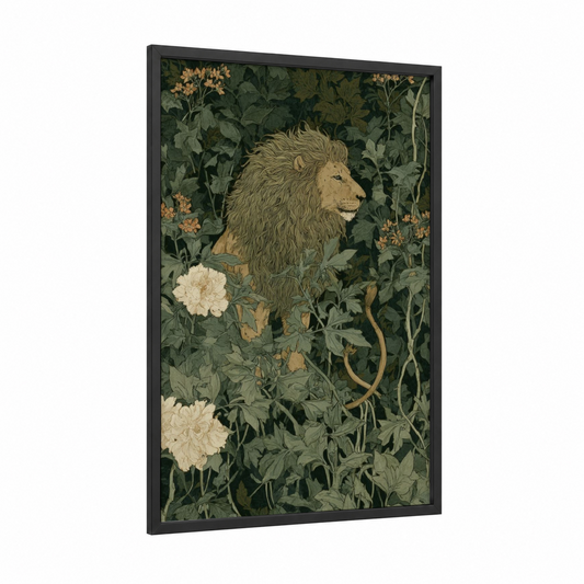 Garden Chimera framed art print — black wood frame — dark green and gold and white palette