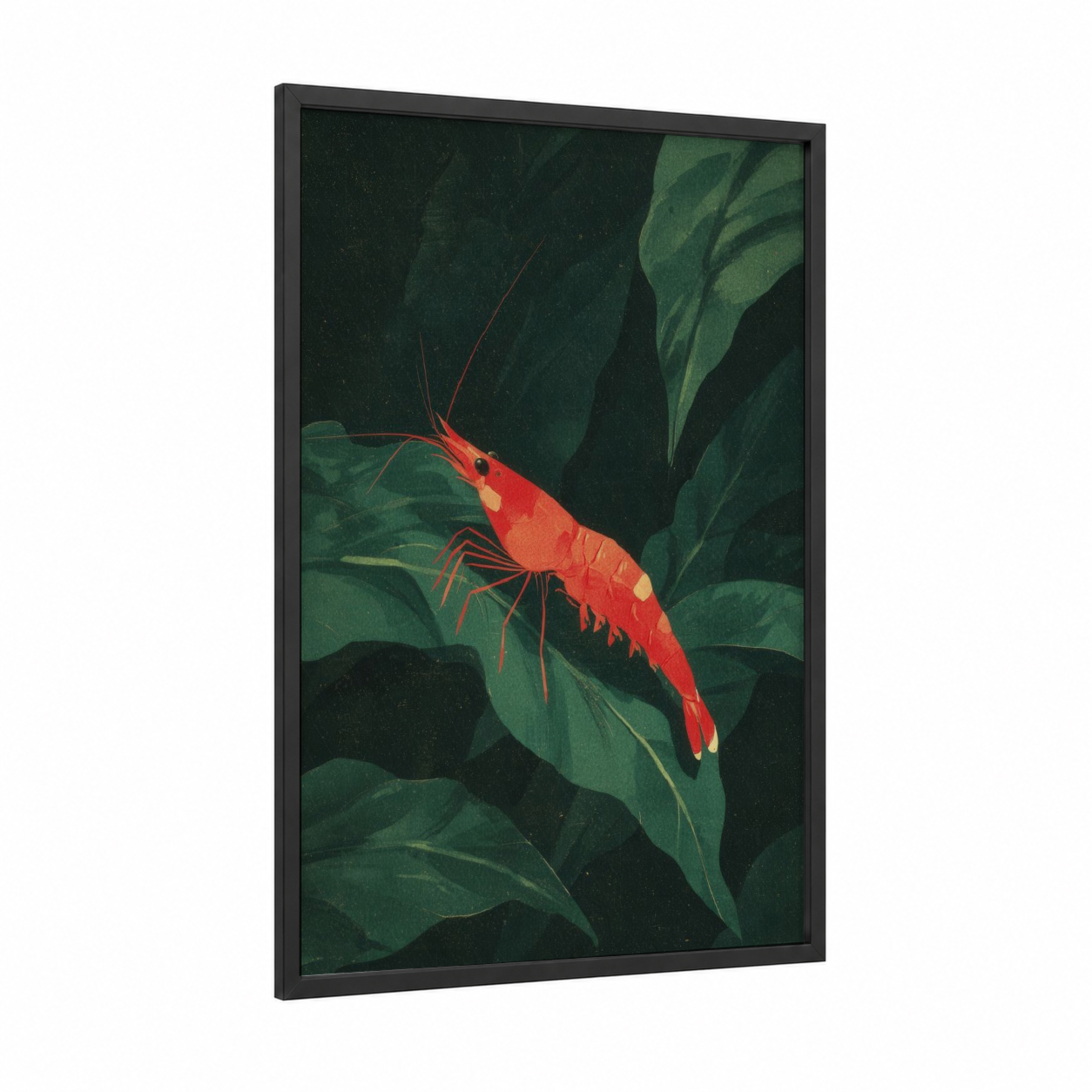 Crimson Shrimp framed art print — black wood frame — red and dark green palette
