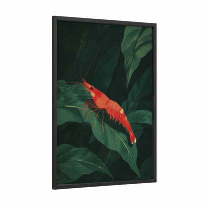 Crimson Shrimp framed art print — black wood frame — red and dark green palette