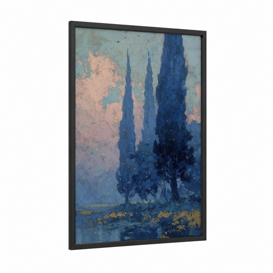 Moonlit Cypress framed cypress tree print — black wood frame — dark blue and peach palette