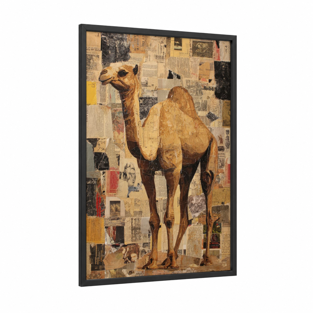 Desert Camel Collage framed art print — black wood frame — gold and black and white palette