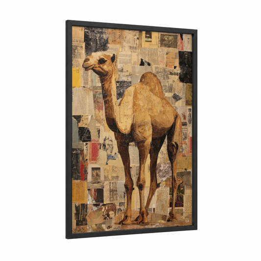 Desert Camel Collage framed art print — black wood frame — gold and black and white palette