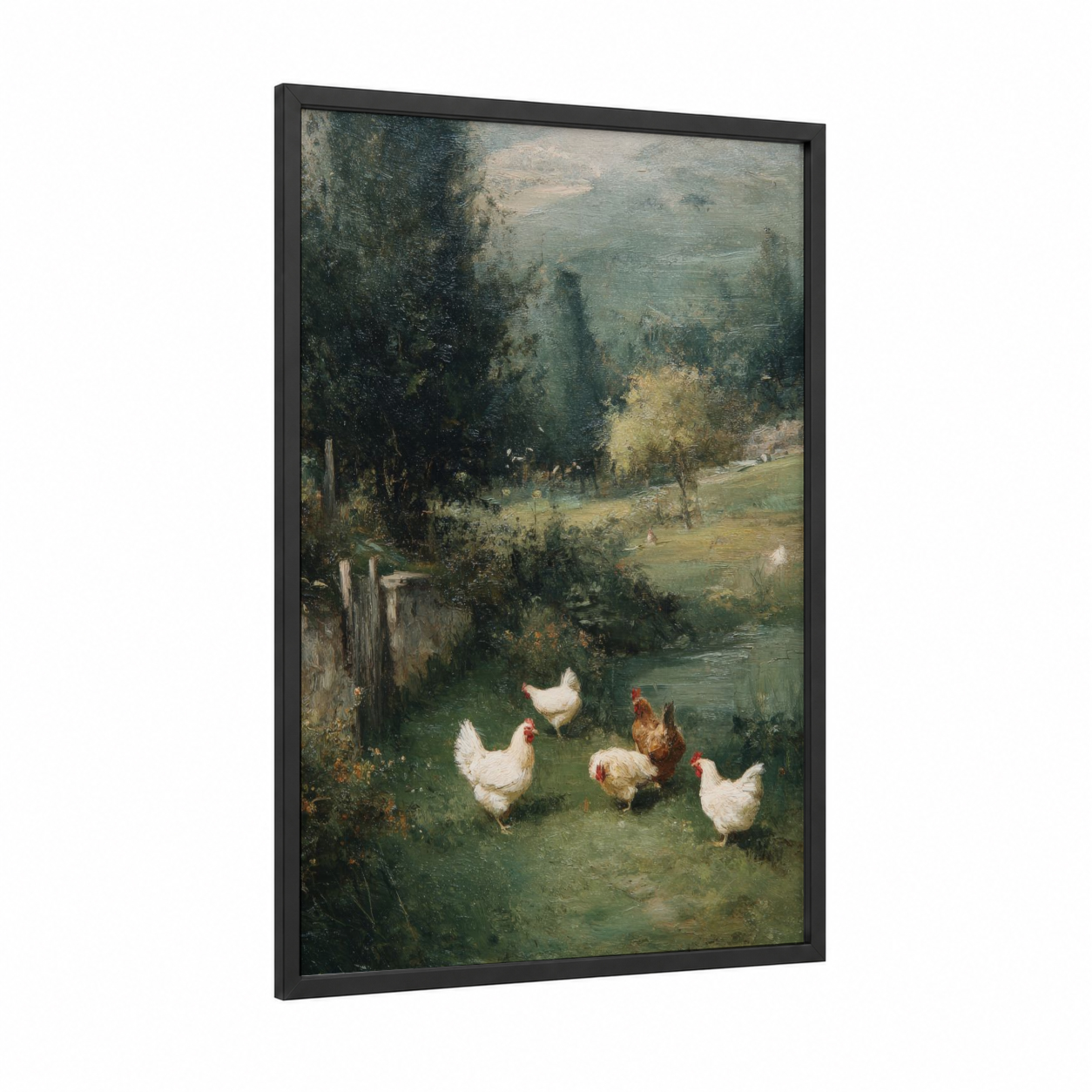 Riverside Farmyard framed chicken and roosters print — black wood frame — sage green and cream palette