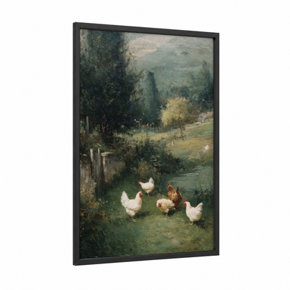 Riverside Farmyard framed chicken and roosters print — black wood frame — sage green and cream palette