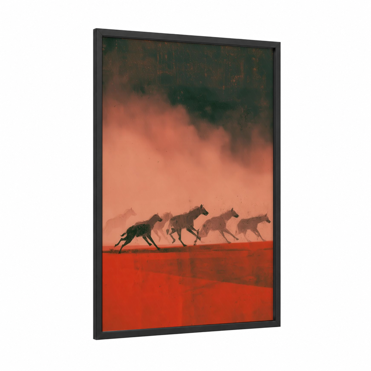 Desert Hyenas framed art print — black wood frame — red and black palette