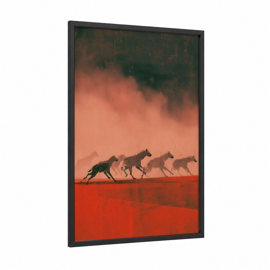 Desert Hyenas framed art print — black wood frame — red and black palette