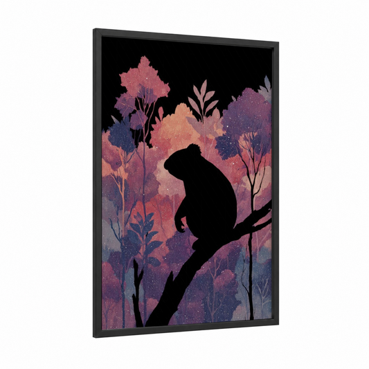 Twilight Koala framed art print — black wood frame — maroon and purple palette