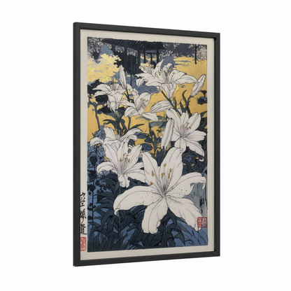 Moonlit Amaryllys framed amarillys print — black wood frame — white and dark blue palette
