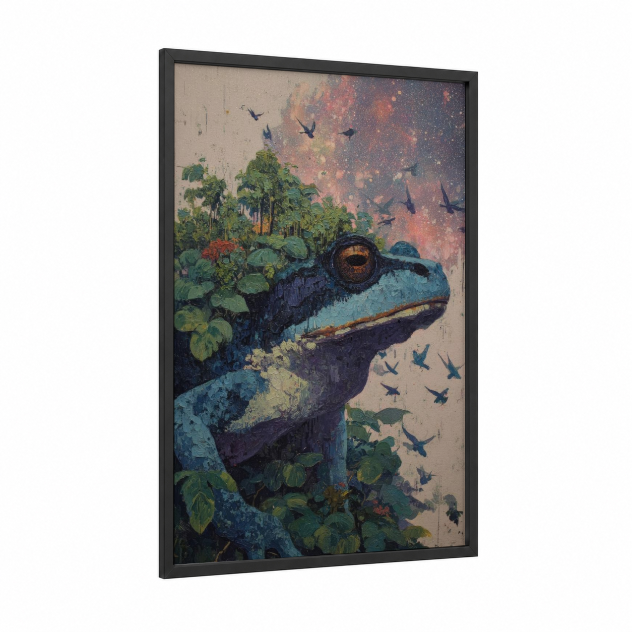 Teal Frog Guardian framed frogs and toads print — black wood frame — teal and gold palette