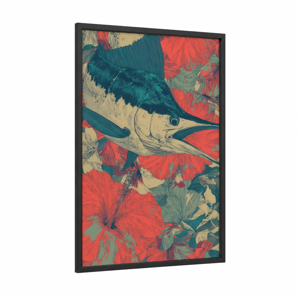 Coral Marlin framed blue marlin print — black wood frame — teal and red palette