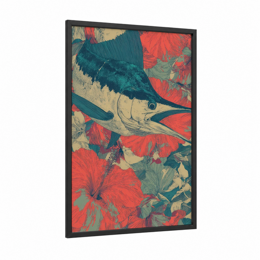 Coral Marlin framed blue marlin print — black wood frame — teal and red palette