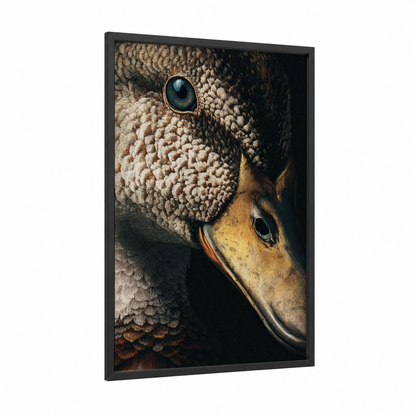 Blue-Eyed Duck framed ducks print — black wood frame — cream and russet palette