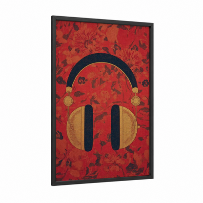 Golden Retro Headphones framed art print — black wood frame — red and gold palette