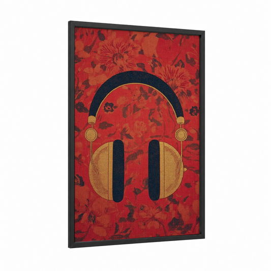 Golden Retro Headphones framed art print — black wood frame — red and gold palette