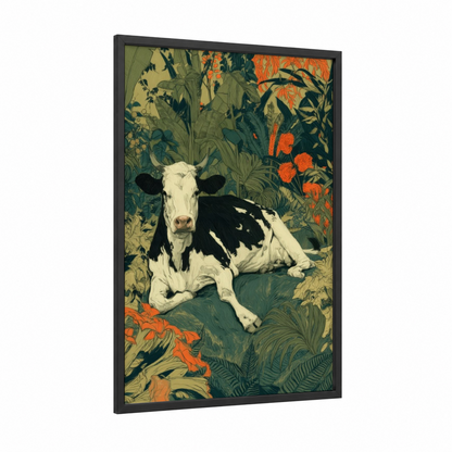 Garden Jersey Cow framed art print — black wood frame — dark green and orange palette