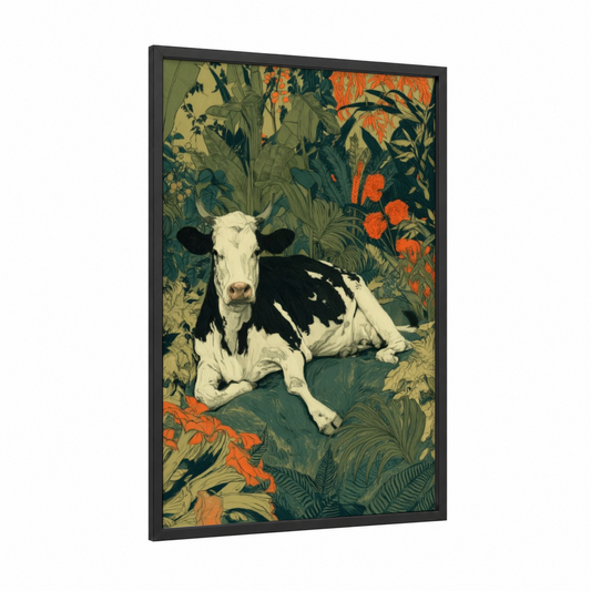 Garden Jersey Cow framed art print — black wood frame — dark green and orange palette