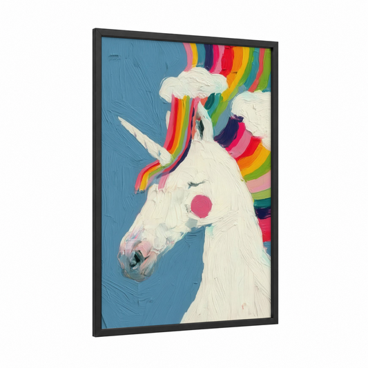 Rainbow Unicorn Horse framed thoroughbred horse print — black wood frame — blue and white palette