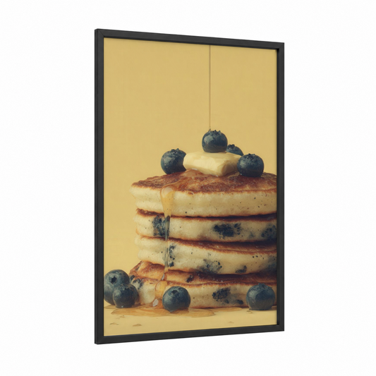 Blueberry Pancake Stack framed baking print — black wood frame — gold and black and gold palette