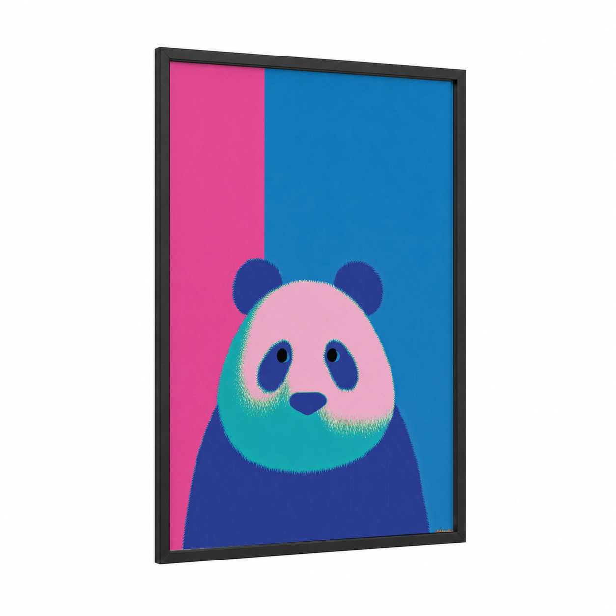 Pop Art Panda framed art print — black wood frame — magenta and royal blue palette