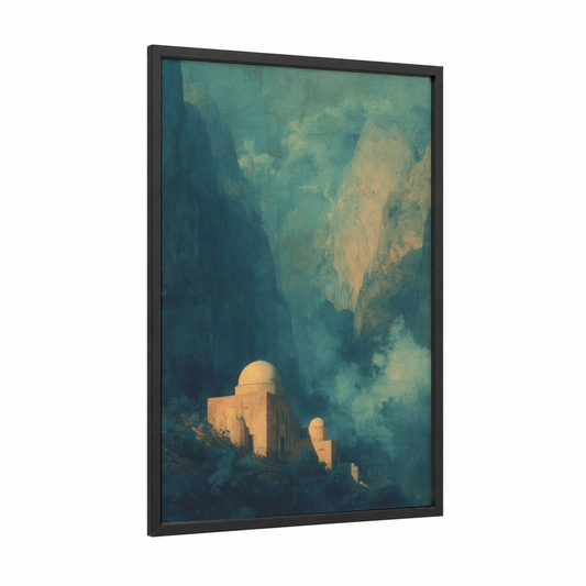 Misty Mosque framed art print — black wood frame — teal and gold palette