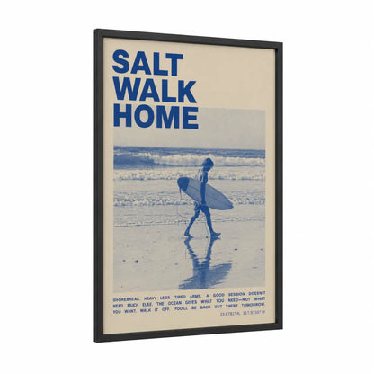 Surfer Walking Sandy Beach Wall Art framed surfing print — black wood frame — blue and cream palette