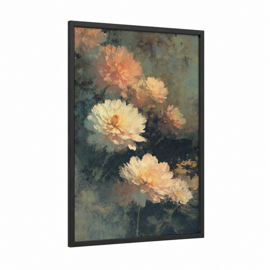 Vintage Dahlia framed art print — black wood frame — cream and teal palette