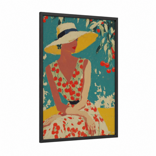 Cherry Garden Fashion framed vintage fashion print — black wood frame — teal and gold palette