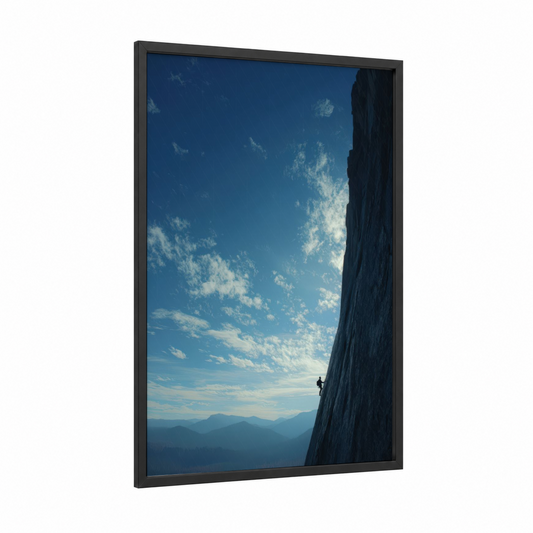 Vertical Challenge framed rock climbing print — black wood frame — blue and blue and white palette