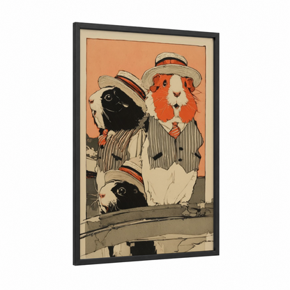Dapper Guinea Pig Trio framed art print — black wood frame — cream and orange palette